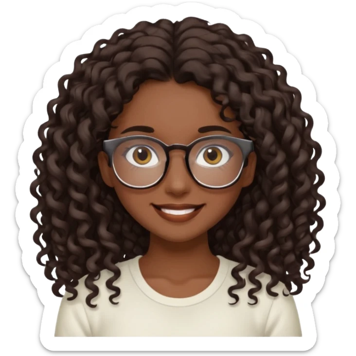 aesthetic white girl with dark brown, long curly hair, she wears an offwhite top and wears square glasses and her eyes are black sticker