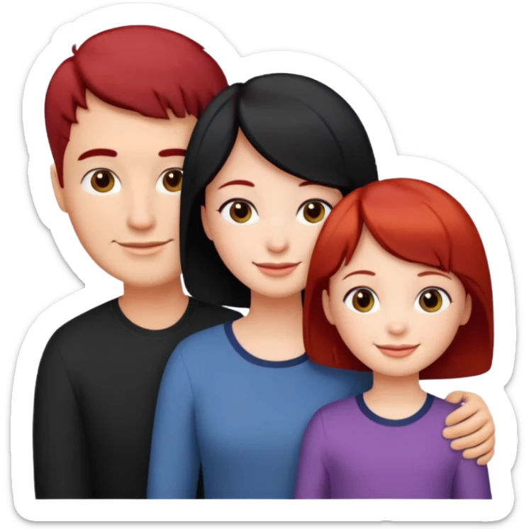 a family of three, all three white: the mother with short red hair, the father with black hair, and the daughter with black hair girl sticker