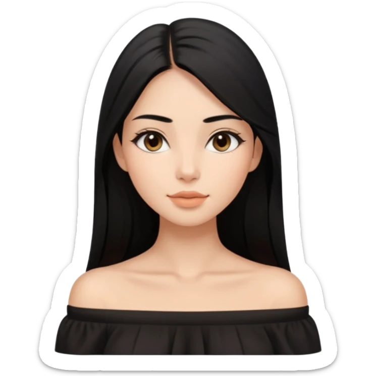 A realistic 3D avatar of a young woman with a soft oval face, slim cheeks, natural almond eyes, long straight black hair, minimal makeup, wearing a black off-shoulder top, elegant and aesthetic, tanned skintone. sticker