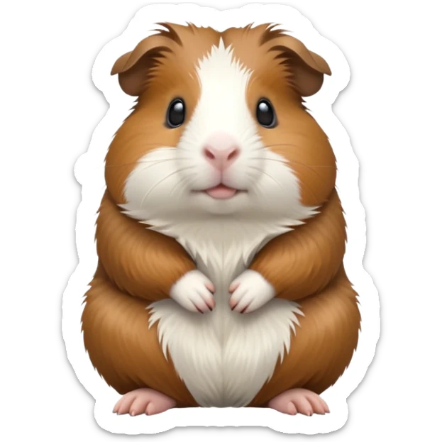 cinematic-[guinea pig]-realistic-full-body-sitting-emoji,-tiny-paws-tucked-close,-head-tilted-dramatically,-fluffy-[brown and white]-fur,-simplified-yet-realistic-focused-features,-highly-detailed,-glowing-with-an-almost-sarcastic-glow sticker