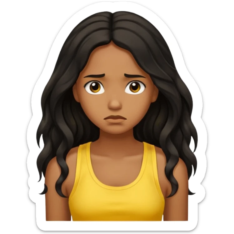 brown pretty bratz girl with long wavy black hair, wearing a yellow tank top. looking sad sticker