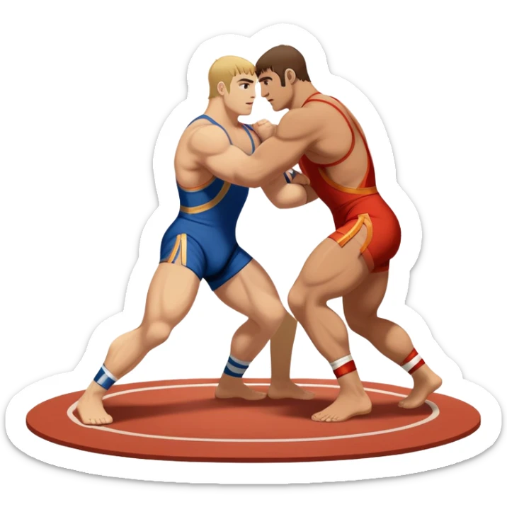 An icon showcasing two wrestlers engaged in a Greco-Roman wrestling match. The athletes are locked in a strong clinch, using their upper bodies to dominate. The background features a wrestling mat and traditional Greco-Roman elements. Transparent background. sticker