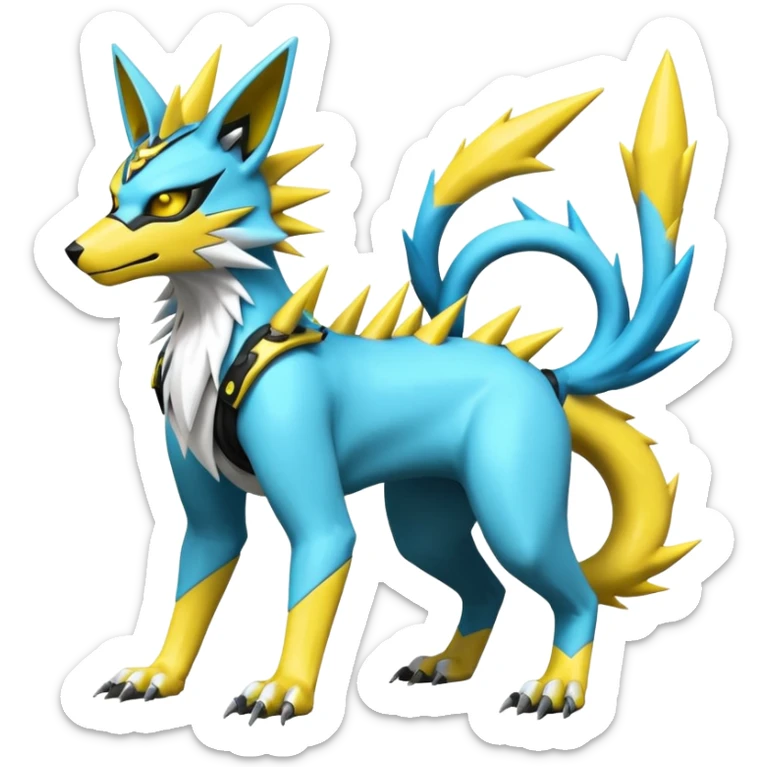 Shiny cyan yellow gothic edgy spiky white electric complex futuristic white-cyber-masked Zeraora-Renamon-Electrike-Umbreon-Lombax-Weregarurumon-fusion-creature (full body sticker
