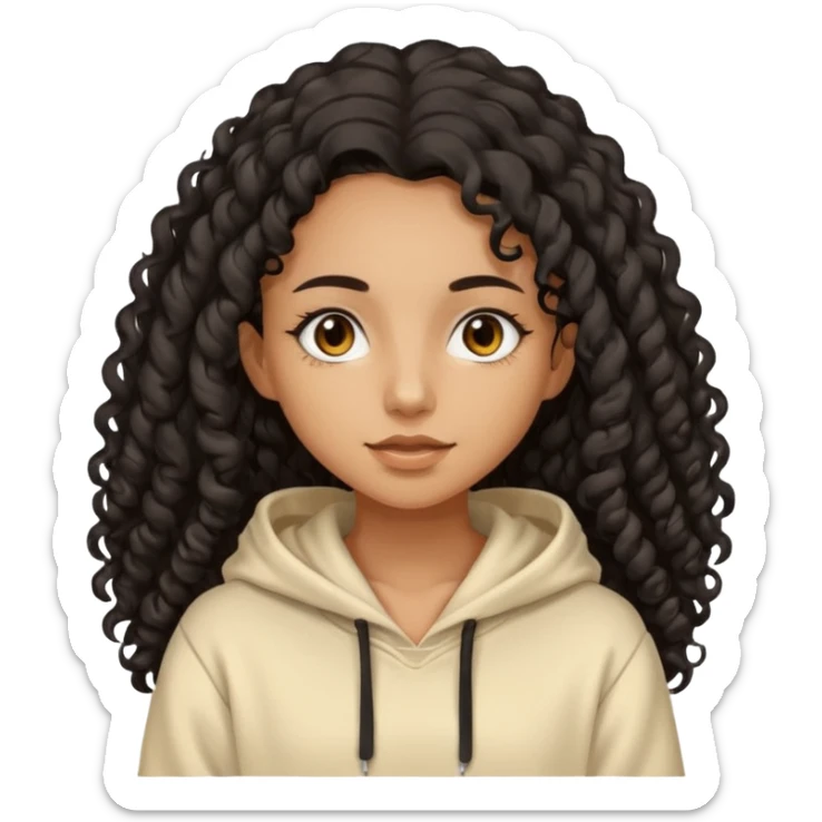Tan skin girl with black very long curly hair, brown eyes, vanilla colored hoodie sticker