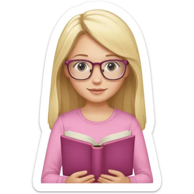 long hair blonde girl pink top with glasses reading sticker