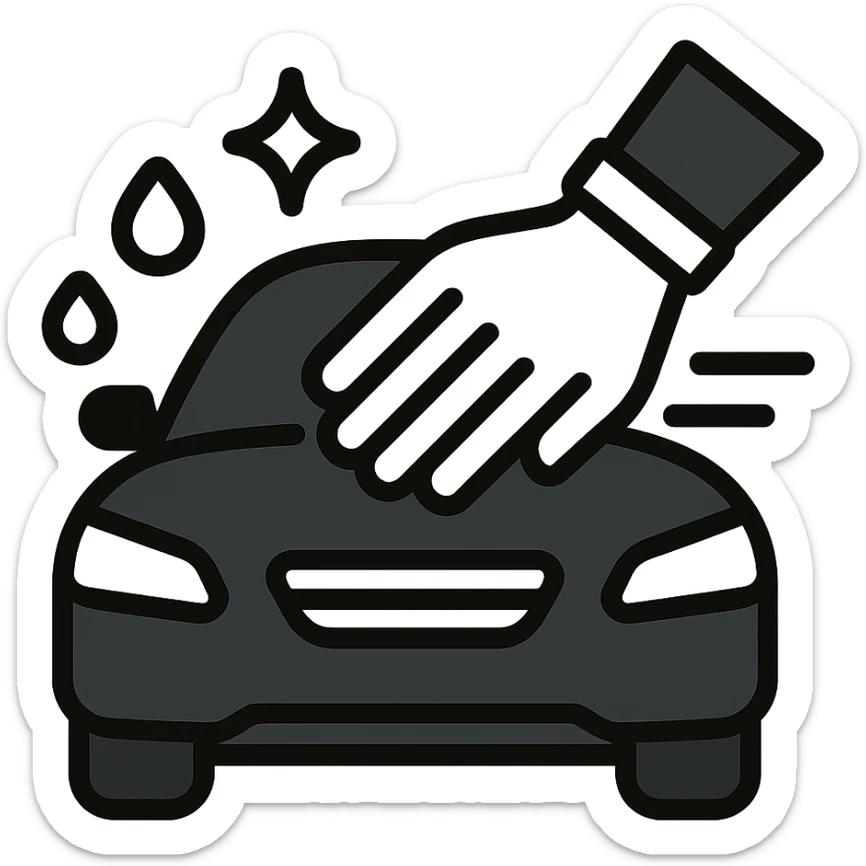 elegant hand with white or black glove on the hood of a high-end car, water drops or shine, main color black with silver or white details, smooth motion lines suggesting cleaning, modern and clean icon sticker
