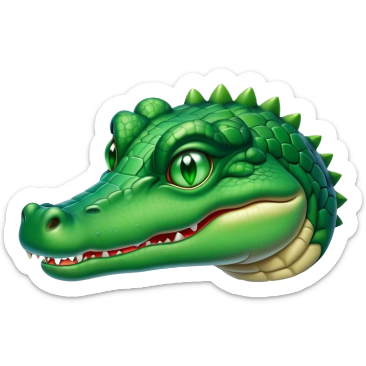 Cinematic Noble Crocodile Portrait Emoji, Poised and regal, with a powerful, elongated build and a rugged, scaly emerald-green hide, piercing cold eyes, Simplified yet sharp and sophisticated features, highly detailed, glowing with a soft, dignified glow, high shine, intelligent and formidable, stylized with an air of ancient might, focused and attentive, soft glowing outline, capturing the essence of a watchful and commanding reptile, so majestic it feels as though it could silently slide out of the screen with effortless authority! sticker