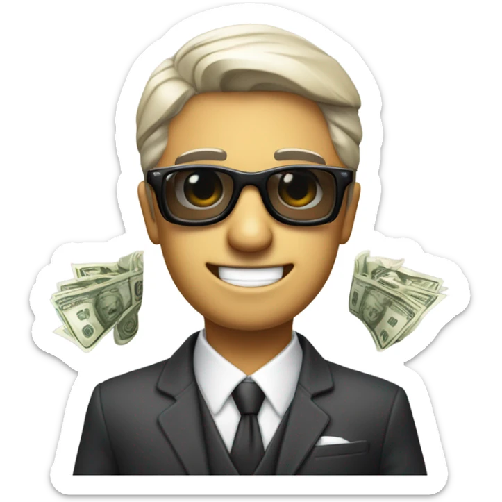 una persona de traje y lentes de sol sosteniendo billetes en sus manos serio sticker