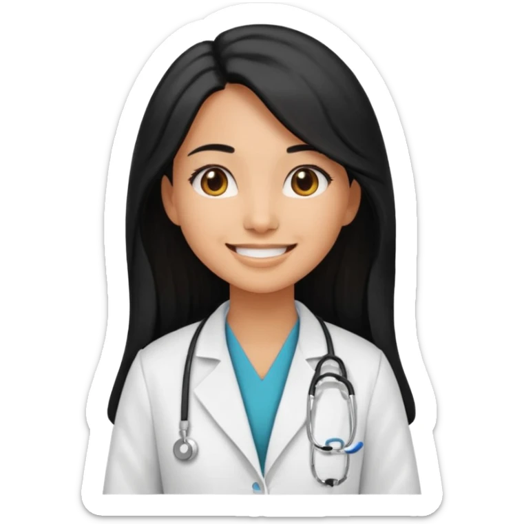 tan skin girl with long black hair, smiling, wearing a doctor's coat, emoji style sticker