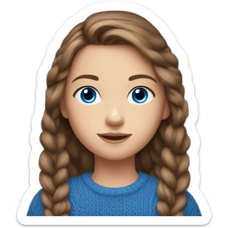 Girl 10 years old. Long brown hair. blue knitted sports sweater, big blue eyes. sticker