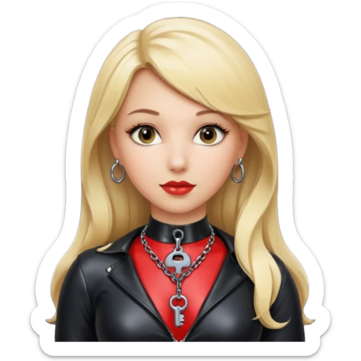 Dominatrix with blonde hair, latex outfit, old fashioned key necklace sticker