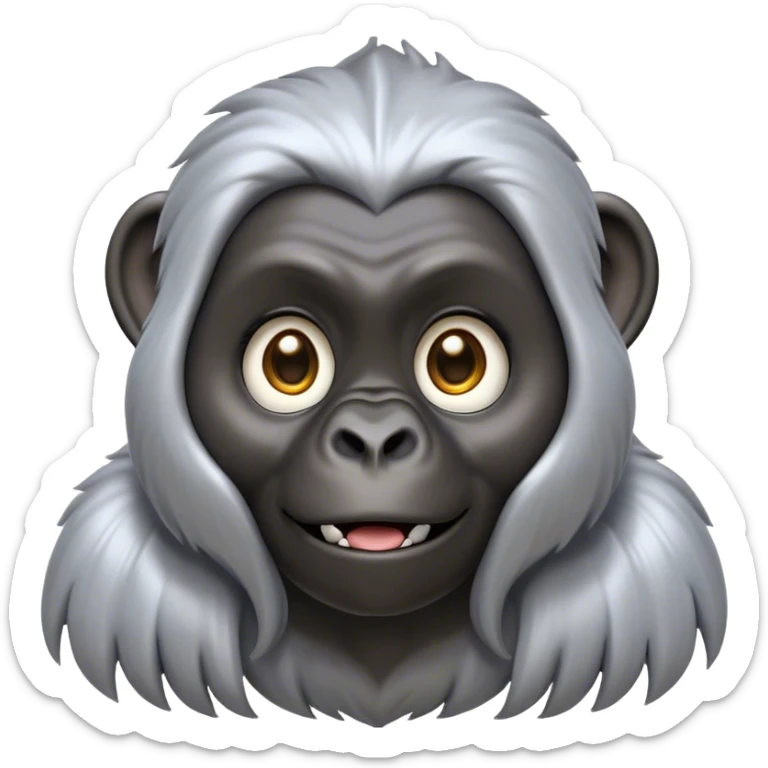 Cinematic Cute mountain Gorilla Portrait Emoji, Head tilted playfully and inquisitively, with a robust build accented by a striking silver mane and round, sparkling eyes full of gentle charm, Simplified yet irresistibly adorable features, highly detailed, glowing with a warm, friendly jungle glow, high shine, affectionate and lively, stylized with a touch of endearing primate whimsy, soft glowing outline, capturing the essence of a mischievous yet loving mountain that feels like it could lumber out of the screen into your arms! sticker