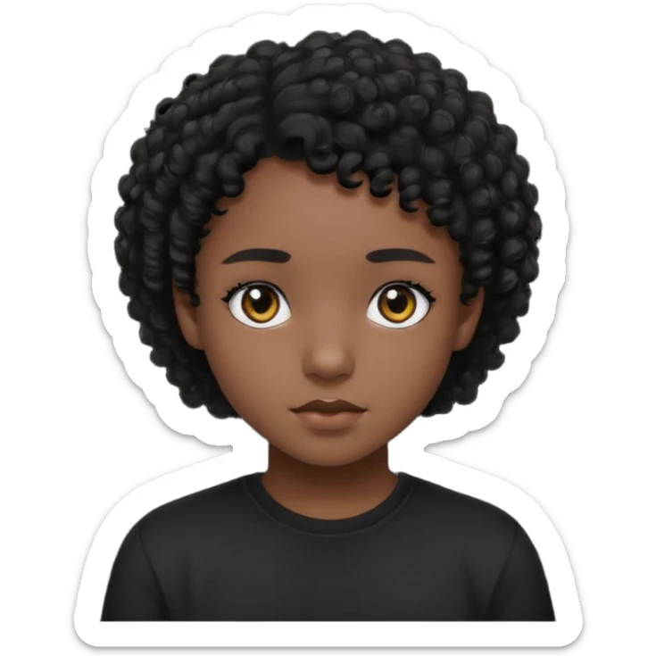 Un adolecente con camisa negra, pelo rizo, pelo corto, de color moreno su piel, ojos negross sticker