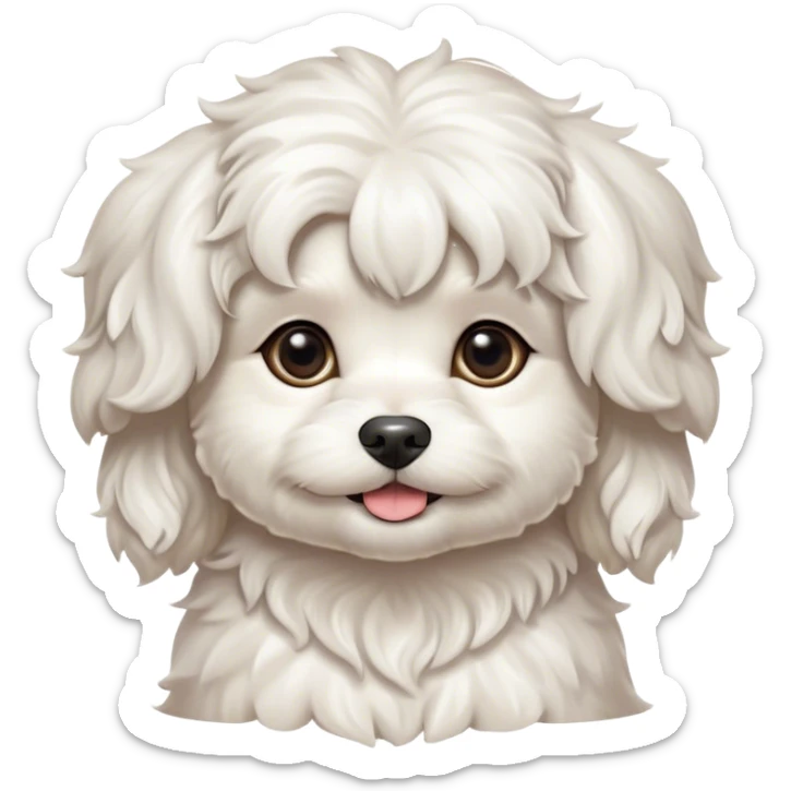 Cinematic Cute Wavy-Haired Maltese dog Portrait Emoji, Head tilted playfully and inquisitively, featuring a luxurious, wavy-haired white coat with a healthy sheen, round, sparkling dark eyes filled with curiosity, Simplified yet irresistibly adorable features, highly detailed, glowing with a warm, friendly glow, high shine, affectionate and lively, stylized with a touch of whimsy, bright and endearing, soft glowing outline, capturing the essence of a mischievous yet loving companion, so playful it feels like it could scamper out of the screen and into your arms! sticker