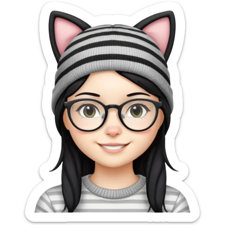 Girl with black hair, clear glasses, and Grey striped beanie in the shape of cat ears smiling sticker