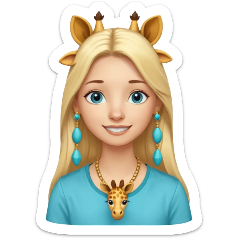 Swedish girl blonde long straigt hair blue eyes turqoise shirt gold earings, girrafe necklace gold small, long lashes smiling closed mouth sticker
