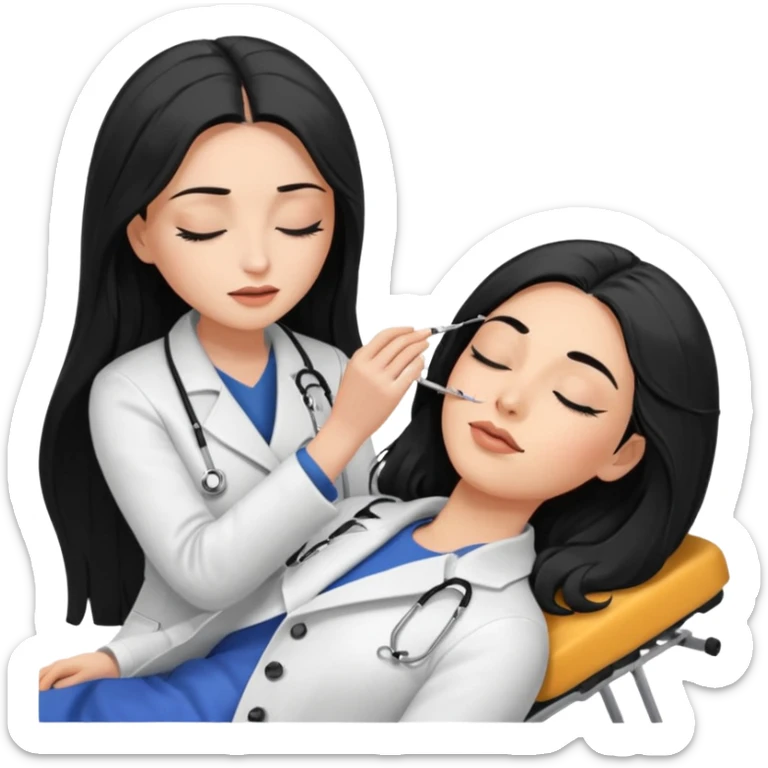 mulher branca cabelo longo e preto aplicando cilios em outra mulher que esta deitada em uma maca de olhos fechados sticker