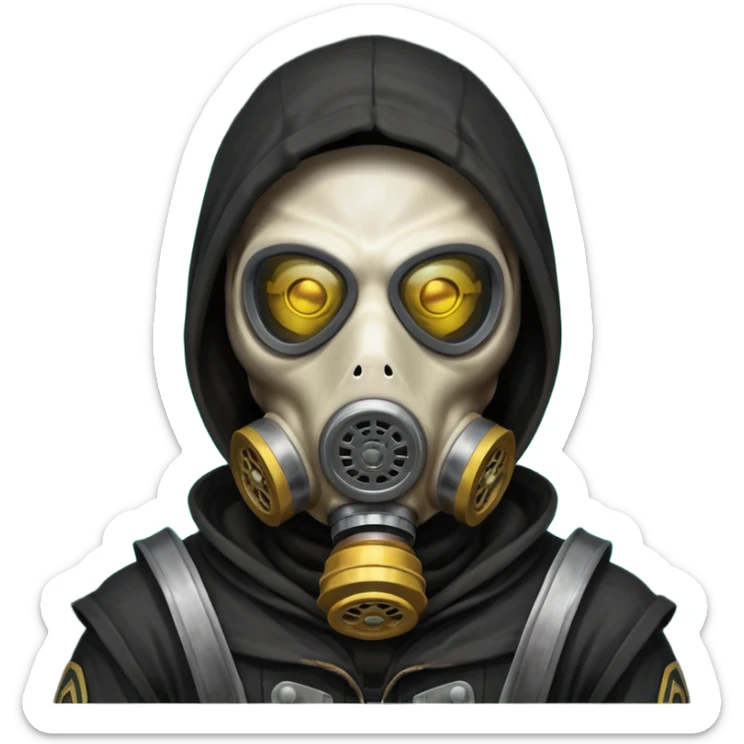 skeleton wearing a gas mask portrait, head and shoulders only, dark hood, glowing eyes inside mask, post-apocalyptic vibe, 3D cartoon, mobile game icon style, clean background, no text, no watermark
 sticker