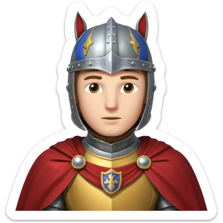 medieval knight horse rider portrait, head and shoulders only, polished steel armor collar, royal cape clasp, helmet partially visible, intense heroic eyes, fantasy medieval vibe, dramatic lighting, 3D cartoon, mobile game icon style, clean background, no text, no watermark
 sticker