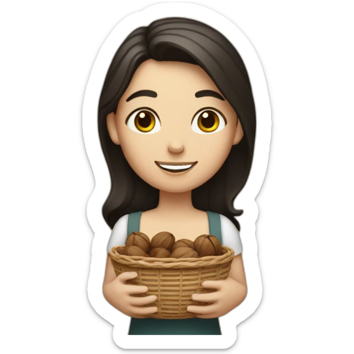White girl with black and small hair holding a basket of walnuts sticker