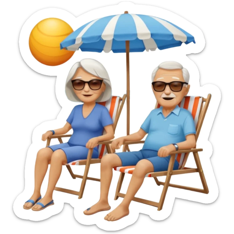 an emoji that shows elderly one woman and one man, both are retired and are lying in sun-chairs at the beach to recover from retiring-stress sticker