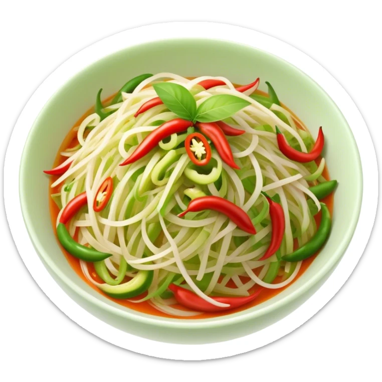 Cinematic Realistic Som Tam (Papaya Salad) Dish Emoji, featuring a spicy, tangy salad of shredded green papaya with chili and lime rendered with crisp textures and bright, lively lighting. sticker