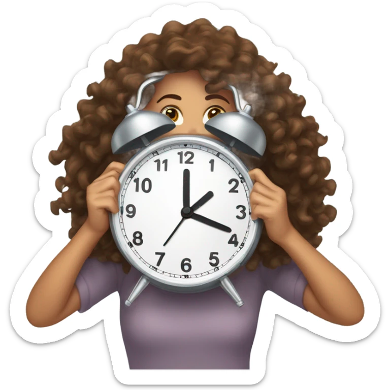 Brown curly hair girl popping out from behind an alarm clock sticker