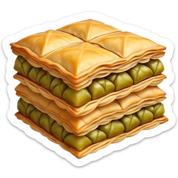 Cinematic Realistic Baklava Dessert Emoji, depicted as layers of flaky pastry with honey and nuts rendered with rich textures and warm, inviting lighting. sticker