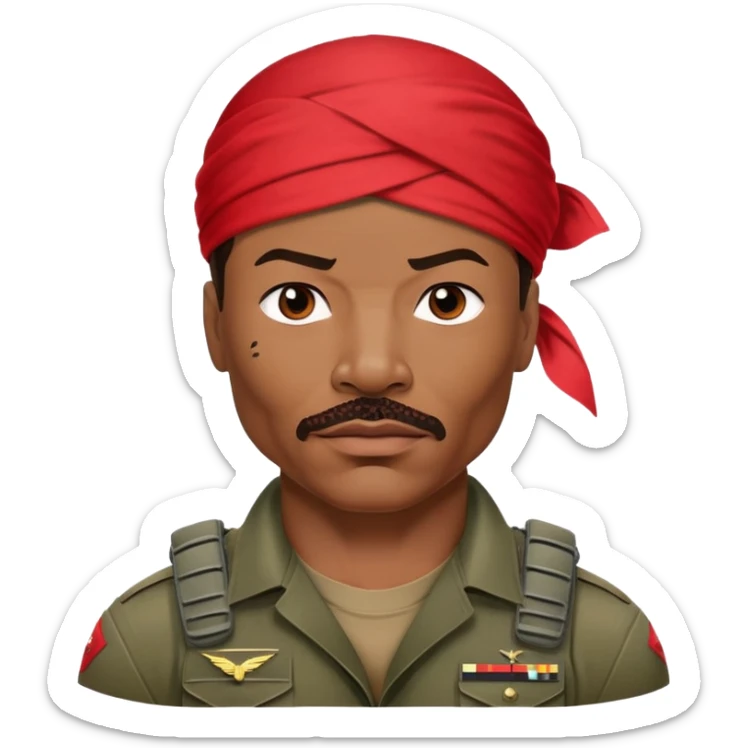 Carl Weathers as Dillon from Predator movie, muscular man in military gear with bandana sticker