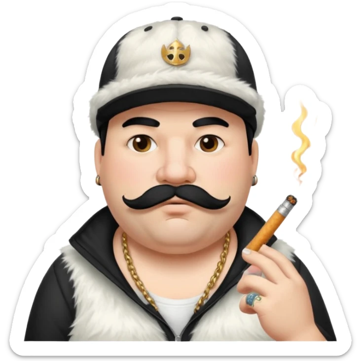 a fat father with white fur, black hair, a hip hop cap, a tattoo with a cigarette in his mouth, and a mustache. sticker