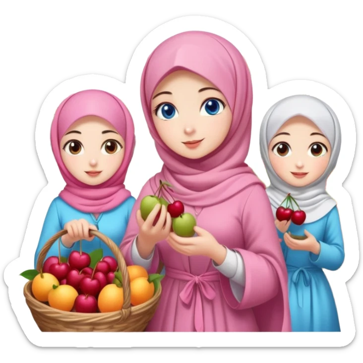 Turkish beautiful finish Konya girls blue eyes with lovely cherry blossom hijab long tail dress and the friends shopping in a market fruits sticker