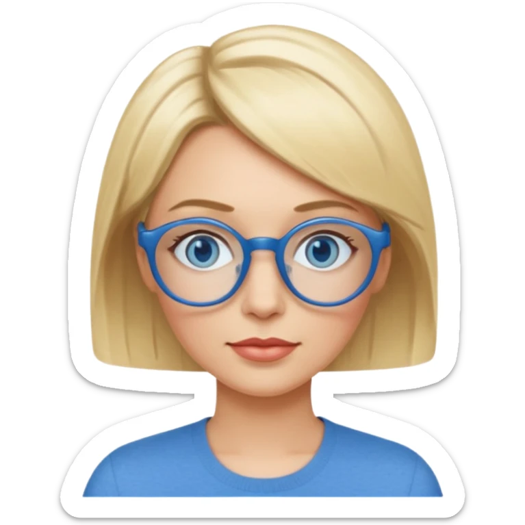 femme 40 ans cheveux extremement courts blond avec raie sur le coté, yeux bleu et lunettes rondes bleues sticker