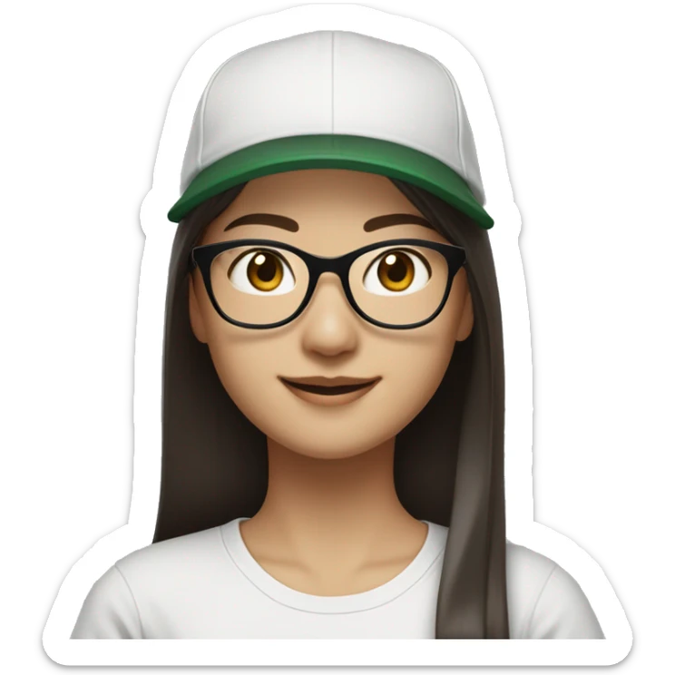 Hyper realistic, look from side, asian adult woman, light white skin, smiling with teeth, black eyes, spotted frame glasses, long brown straight hair with highlighted strands, black T-shirt, dark green cap. sticker