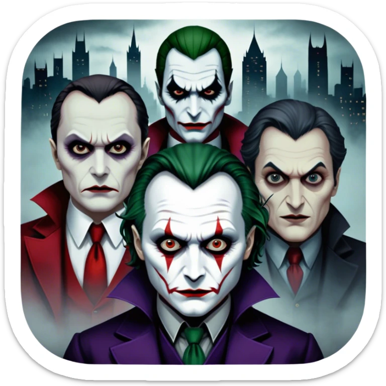 Thriller Movie Icon: A dark, intense collage with close-up images of iconic thriller characters like 1 Joker, 1 Hannibal Lecter, and 1 Vlad Dracula. The background features a moody Gotham City skyline, with shadowy figures and fog. Atmospheric, suspenseful tone. Transparent background. sticker