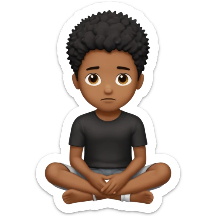 cute brown skin boy, no smile just sitting there looking tuff, black hair, sponge messy freeform’s.  sticker