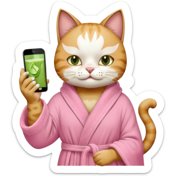I want a CAT whit a iced macha on her paw and i want her to ne wearing a pink bath rope And she will have a  white face mask on her face and phone on the opisite paw whit the macha sticker