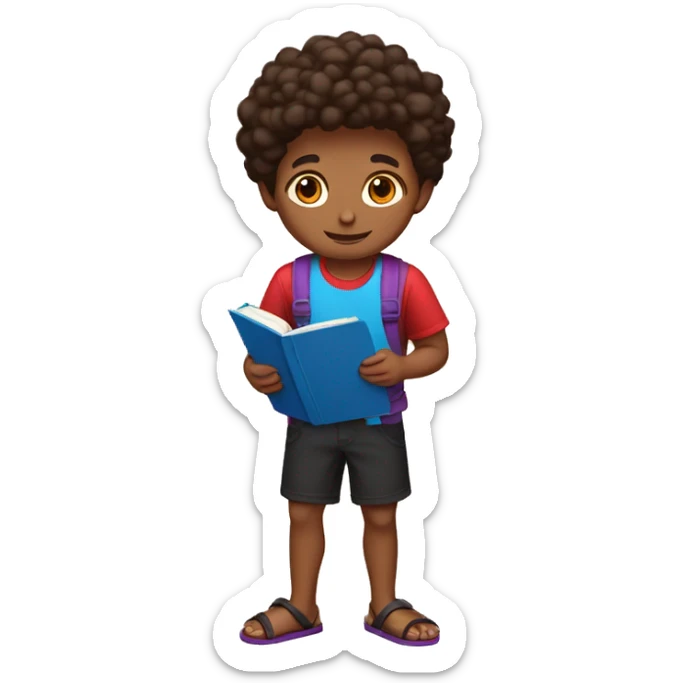 a brown boy in a red and black shirt, blue shorts and wearing sandals, holding a purple book sticker