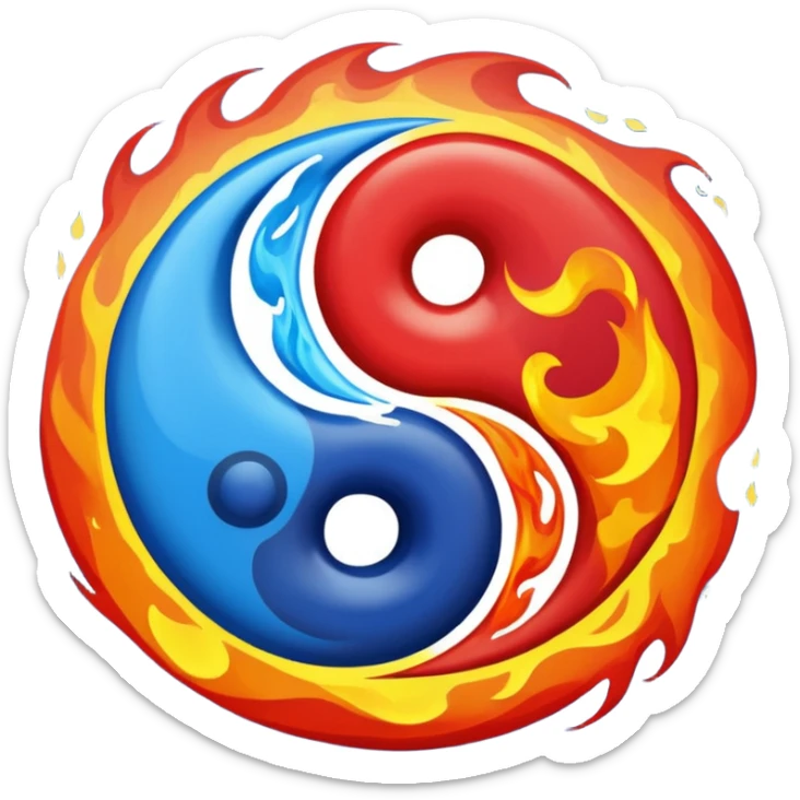 The fire and water emojis are in the form of the yin-yan symbol in front of a completely black background. sticker