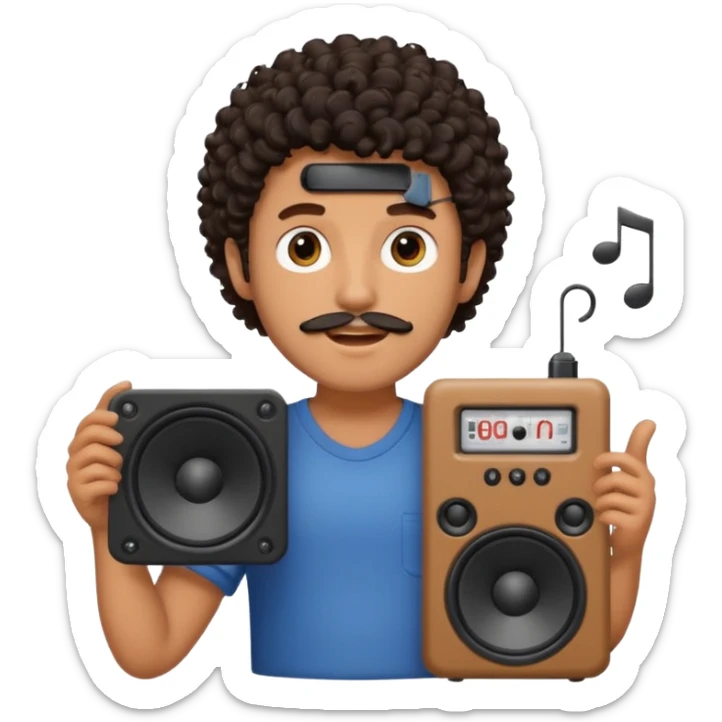 Boy with tanned skin, dark curly hair, a bit of a beard, and a music speaker in his hand. sticker