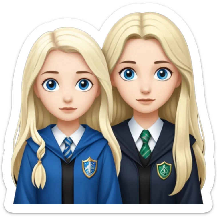 a pretty ravenclaw girl with long dark brown hair and blue eyes standing with a pretty Slytherin girl with long blonde hair, blue eyes sticker