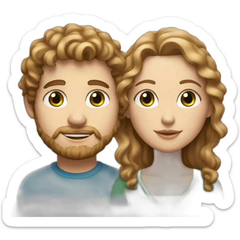Couple, white European man with brown curly hair, blue eyes and chubby white woman with long light brown curly hair and green eyes sticker
