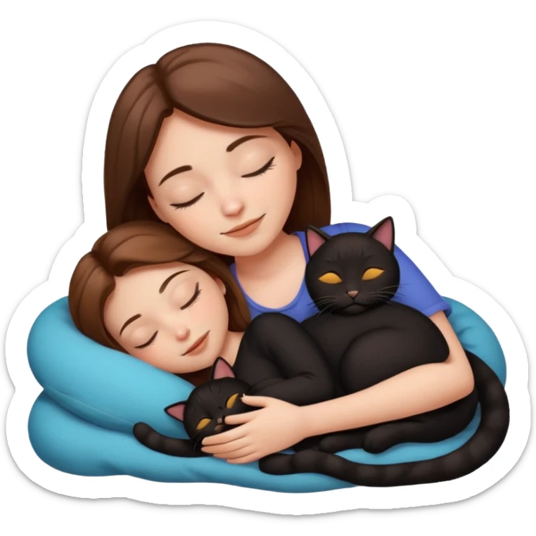white girl with brown hair sleeping cuddling two black cats emoji style sticker