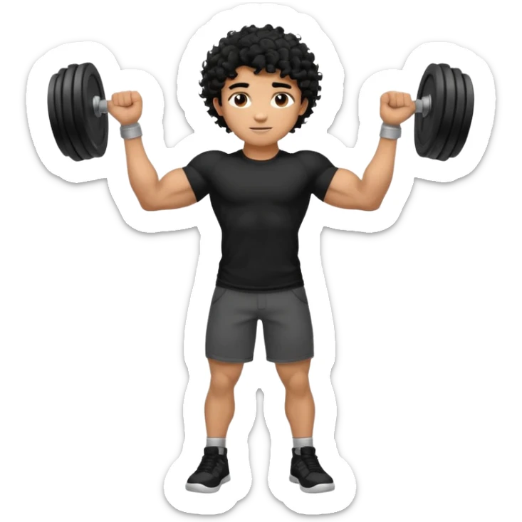 full body view of muscular teen boy with veiny hands arms and biceps. has messy black curly hair with dark-tan skintone with black tshirt sticker