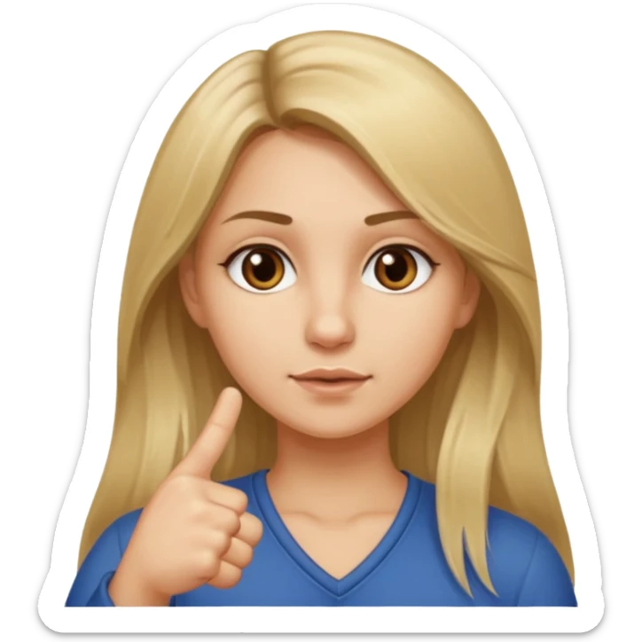 A girl about 35 long dirty blonde, hair, brown eyes holding up the middle finger sticker