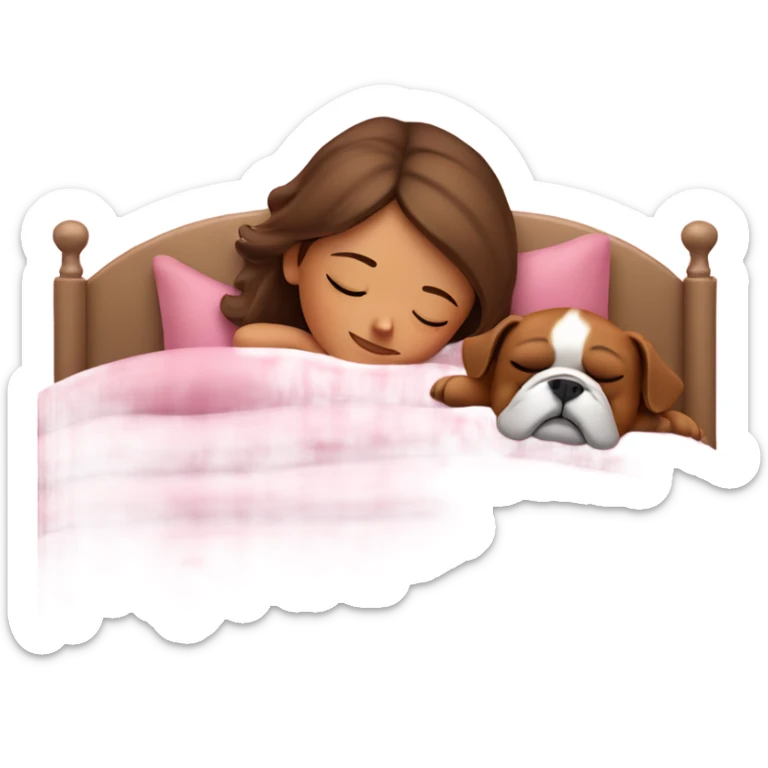 Sleeping girl in pink bed with meshed brown hair and bulldog sticker