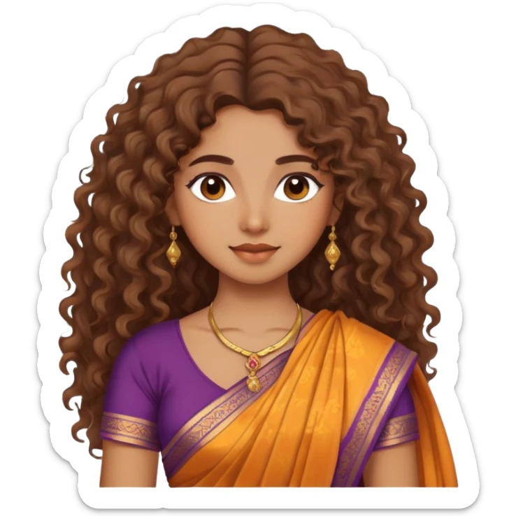 pretty brown girl with frizzish ,churlish, wavy hair light make up wearing a sari sticker