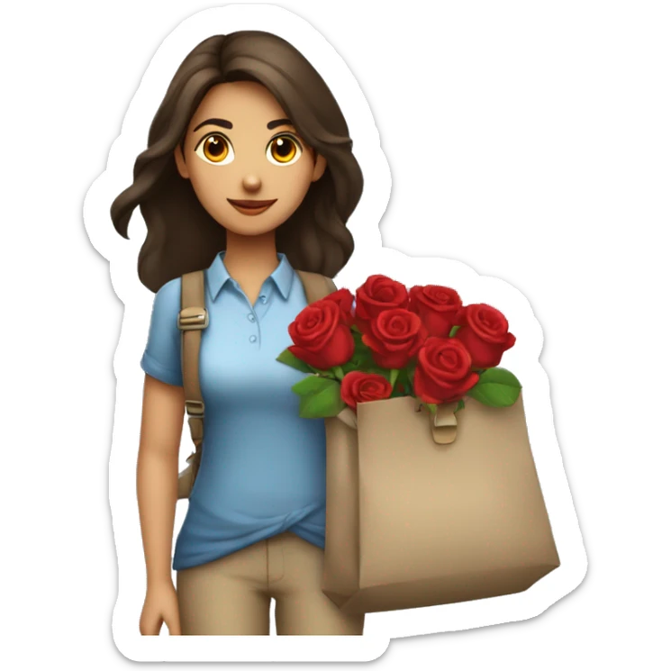 A girl named Ankita write her name in her shirt carrying a bag and she hold a red rose  sticker