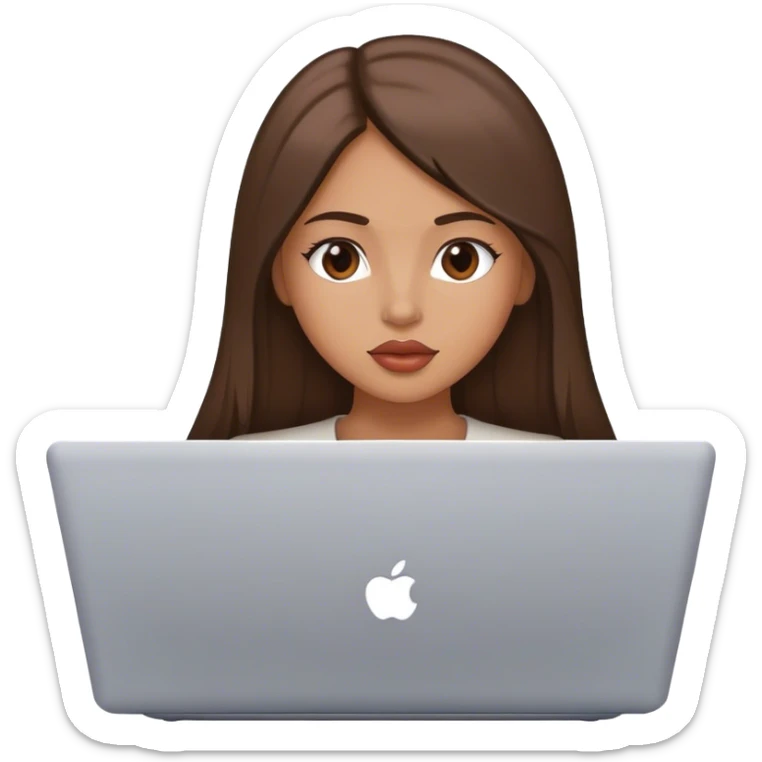 Glamour, plump lips, beautiful sexy girl, with long straight brunette hair, with laptop sticker
