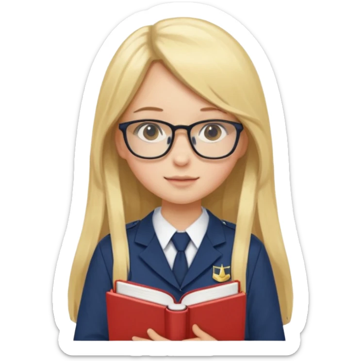 Girl student wearing uniform, glasses, hold book in front of their chest, blonde long straight hair, white skin sticker