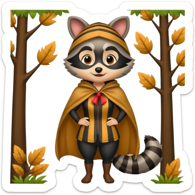 forest emoji woman dressed as raccoon trickster, striped tail cape, playful grin sticker